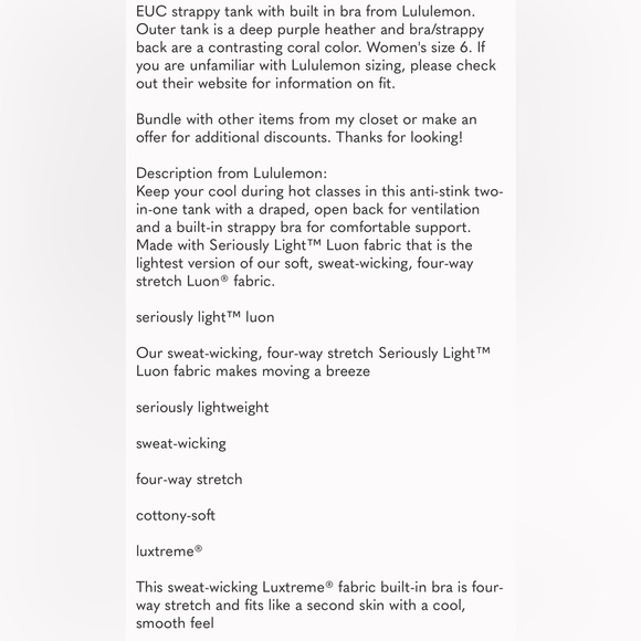 Lululemon Wild Tank Built In Strappy Pink Bra Heathered Plum Tank Size 6 - Picture 5 of 5